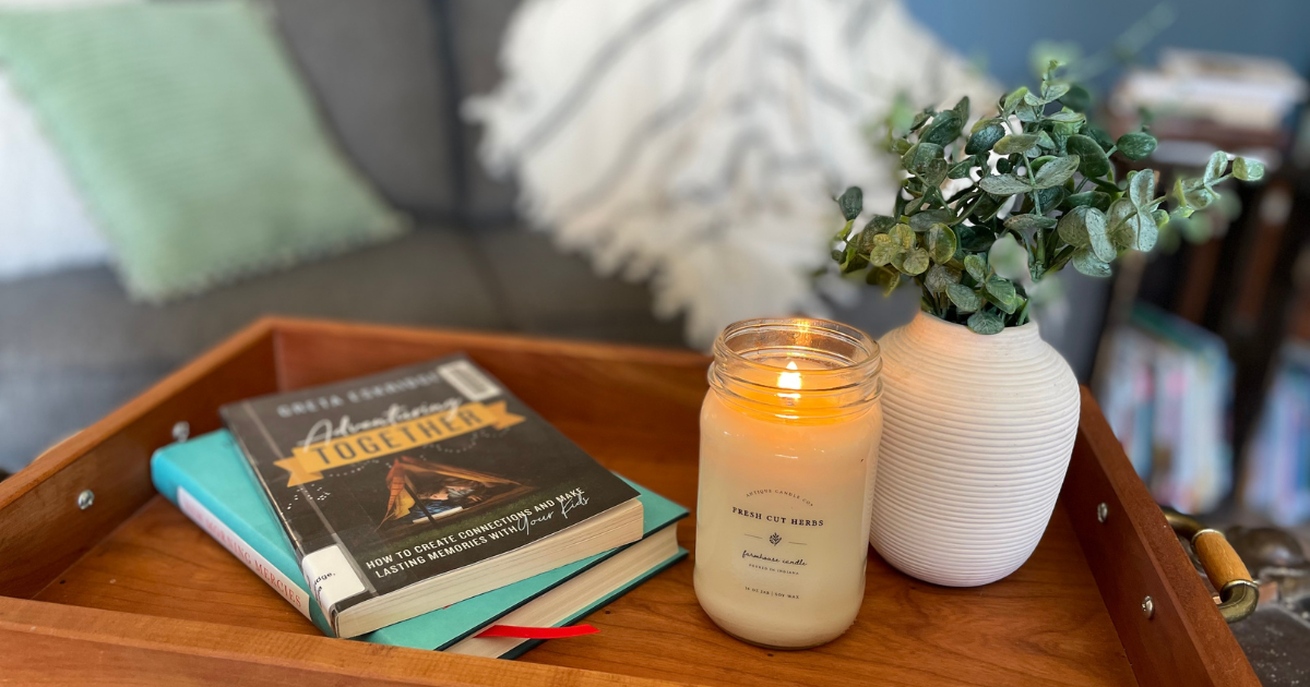 candle burning on coffee table