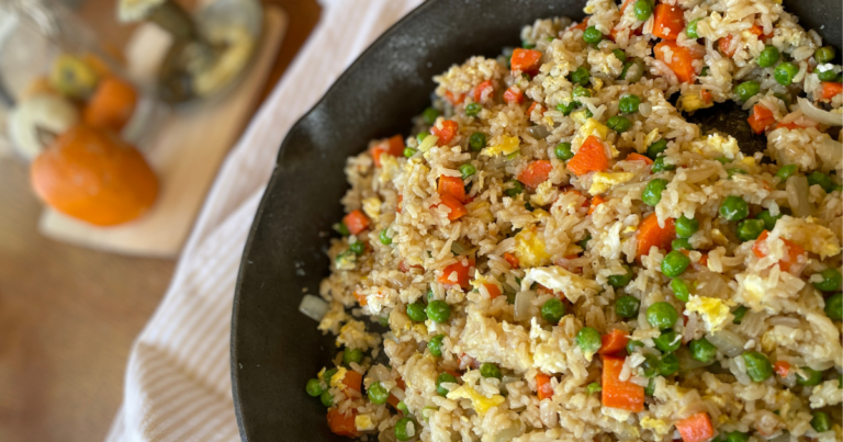 fried rice in a cast iron skillet